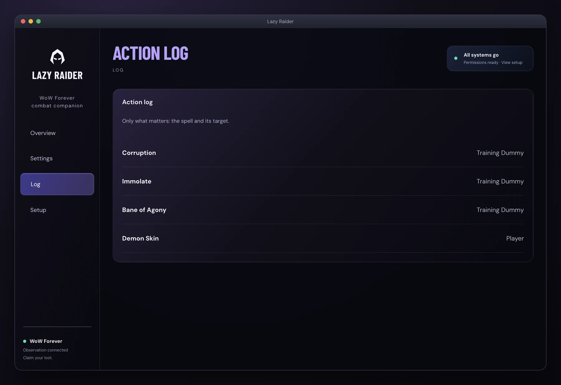 Lazy Raider log interface with illustrative character data