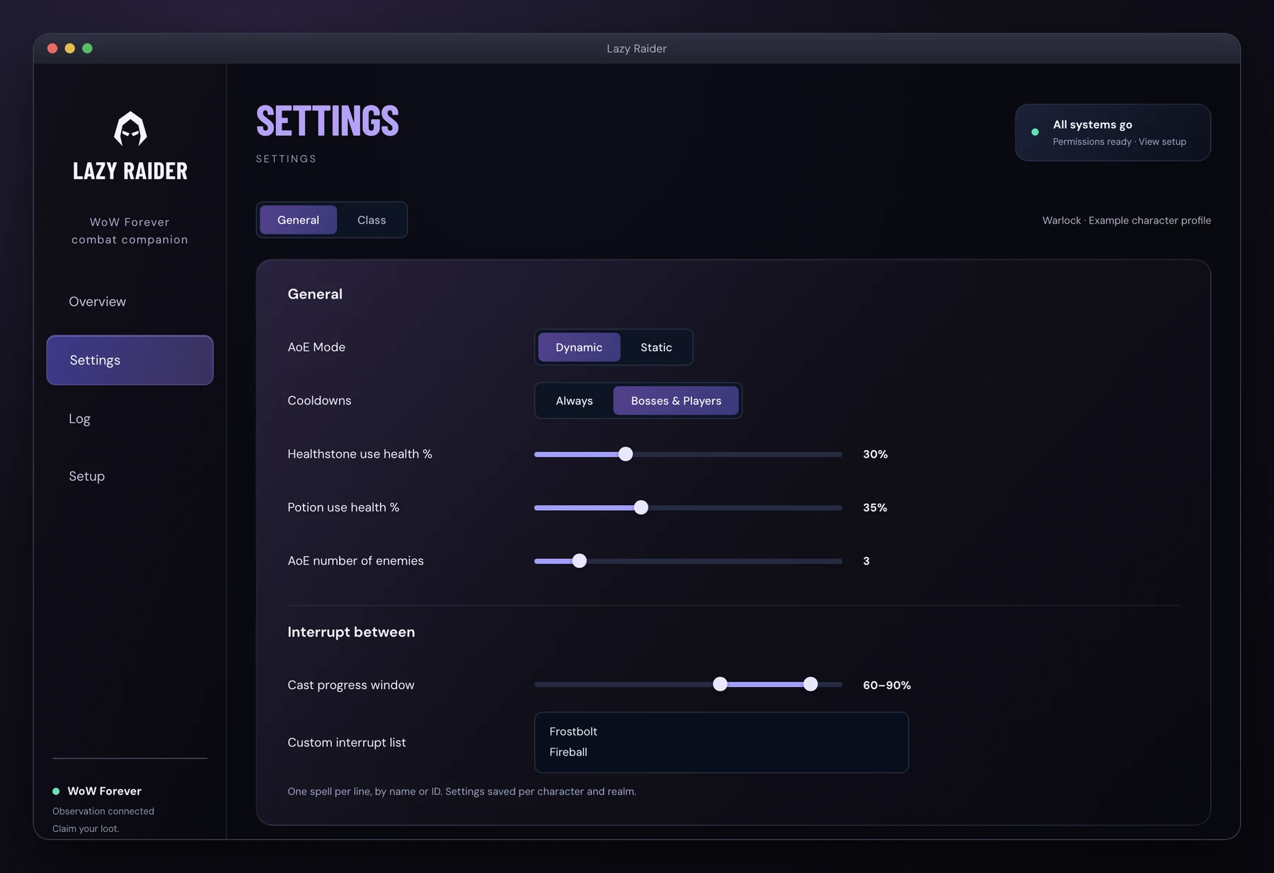 Lazy Raider settings interface with illustrative character data